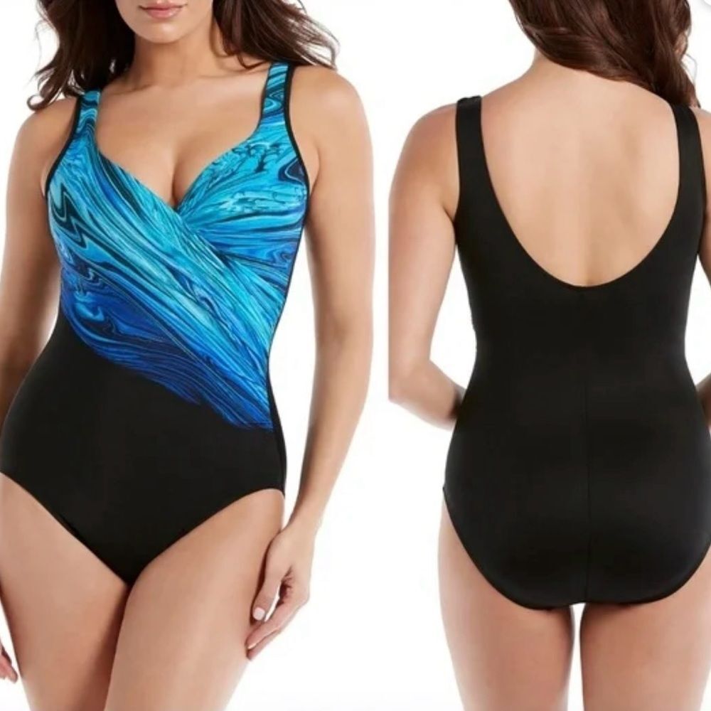 MiracleSuit One Piece Swimsuit Blue Black It’s a Wrap 10